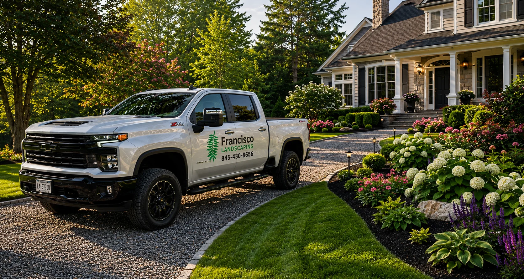 Francisco Landscaping truck parked in front of a professionally landscaped home
