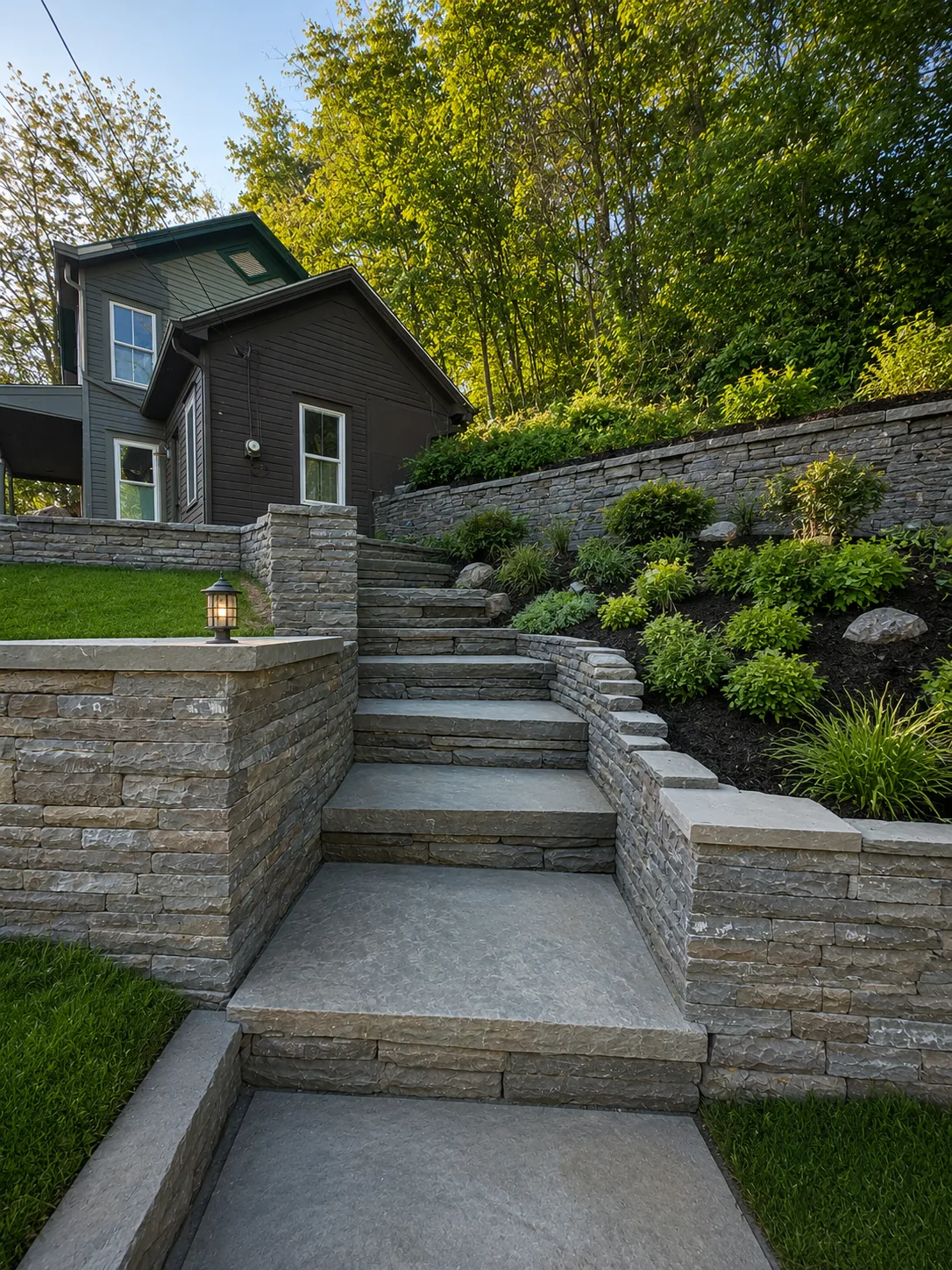Completed retaining wall and stone staircase installation in Rhinebeck NY