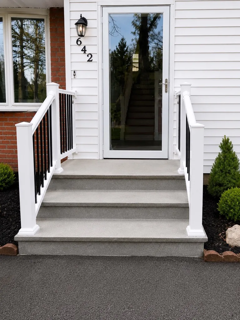 Modern front entrance stairs with railings after renovation in Woodstock NY
