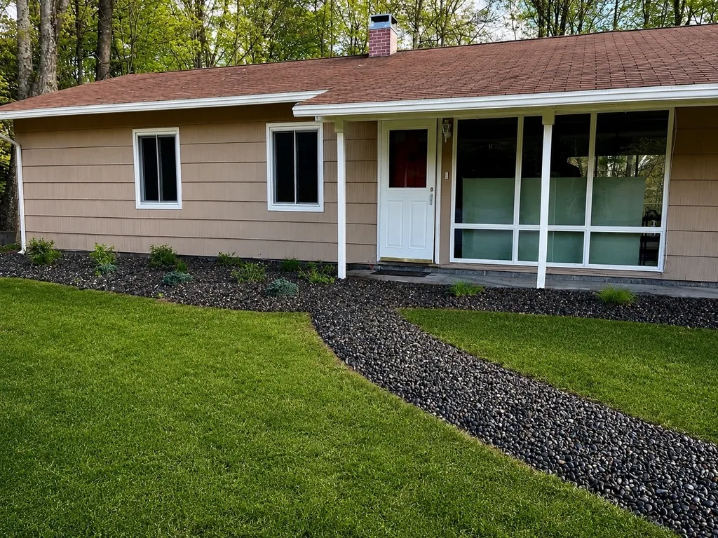 Front yard landscape renovation with river rock and new planting beds in Woodstock NY