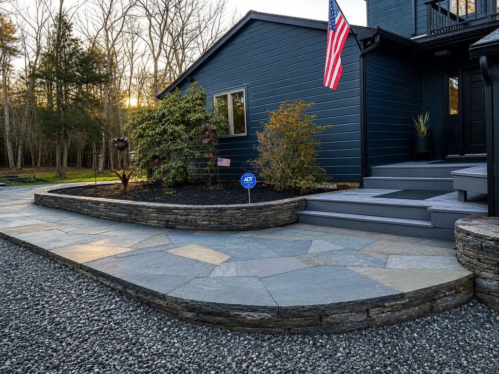 Natural stone patio and front entry renovation completed in Woodstock NY